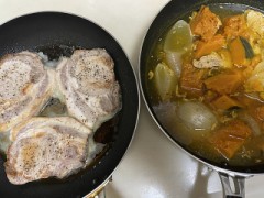 今日はポークステーキ🥩と野菜で