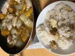 今日は豚と野菜の煮物と、栗ご飯を作って