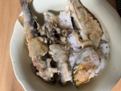 今日は、鮎の天丼、ウインナー、野菜炒めを作って